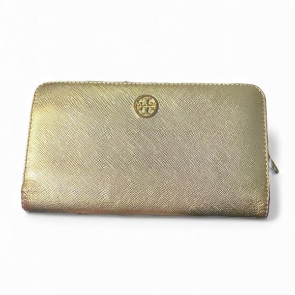 Tory Burch Handbags - TORY BURCH - Robinson Metallic GOLD Zip SNAPLOCK Wallet W coin pouch